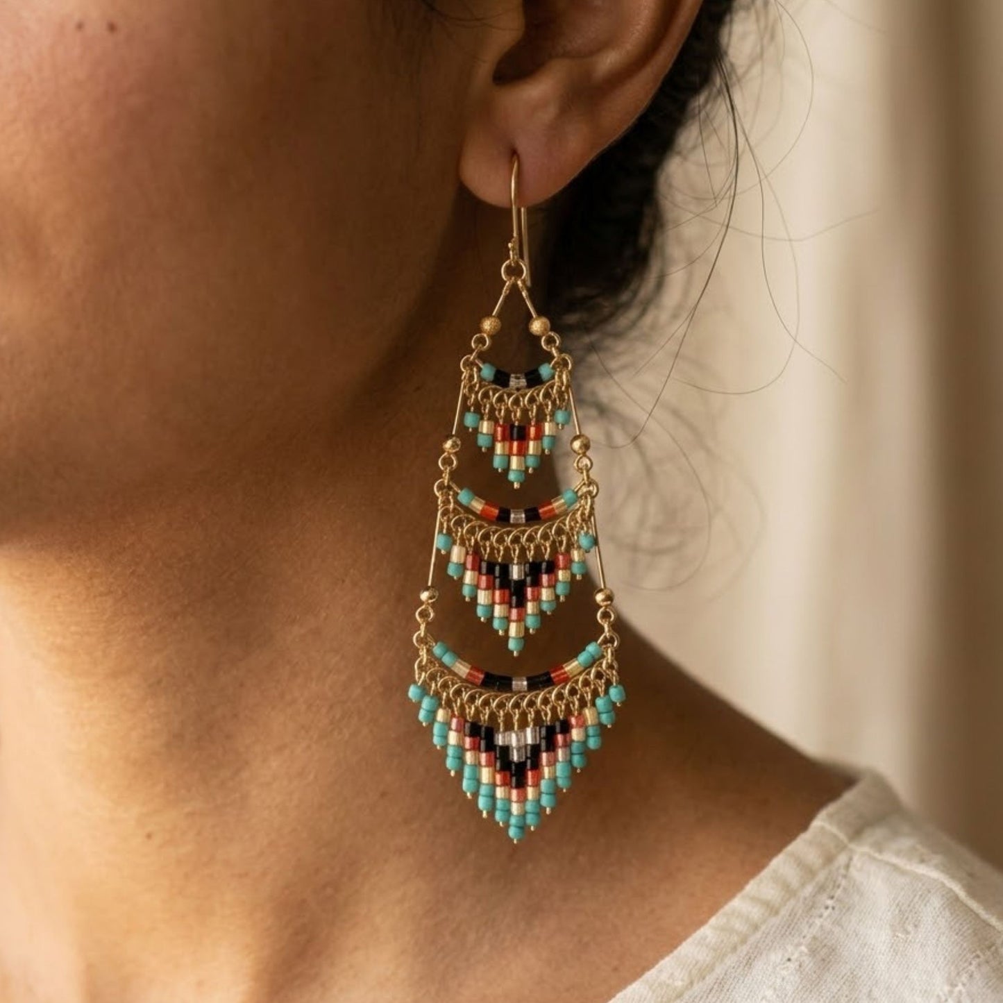 Gold Tone Tiered Chandelier Earrings with Multicolor Czech Beads Boho Dangle Statement Jewelry for Women
