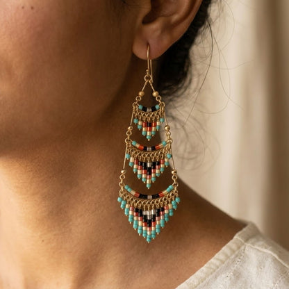 Gold Tone Tiered Chandelier Earrings with Multicolor Czech Beads Boho Dangle Statement Jewelry for Women