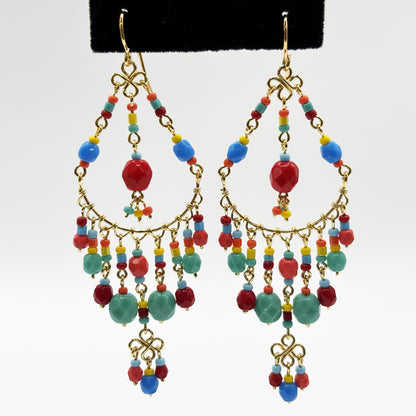 Gold Filigree Chandelier Earrings with Multicolor Fire Polished Beads Boho Dangle Statement Jewelry for Women