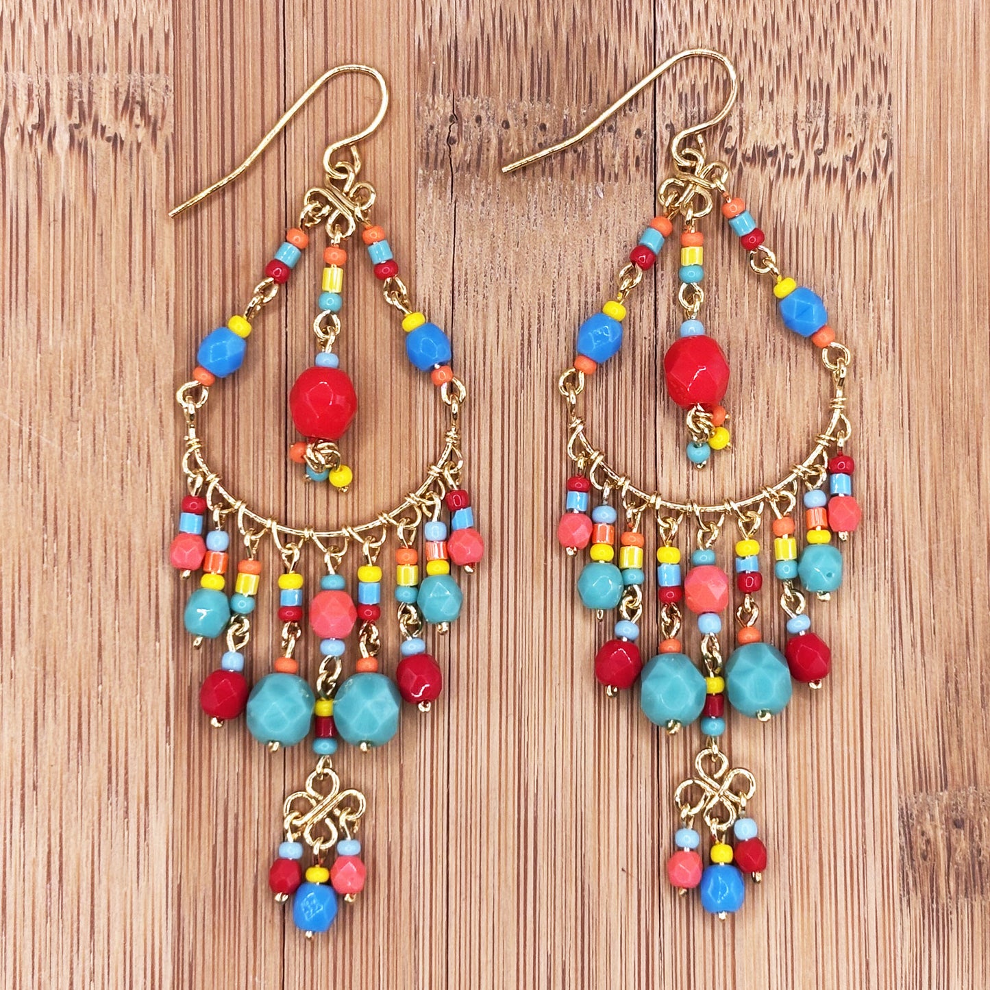 Gold Filigree Chandelier Earrings with Multicolor Fire Polished Beads Boho Dangle Statement Jewelry for Women