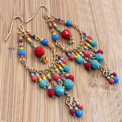 Gold Filigree Chandelier Earrings with Multicolor Fire Polished Beads Boho Dangle Statement Jewelry for Women