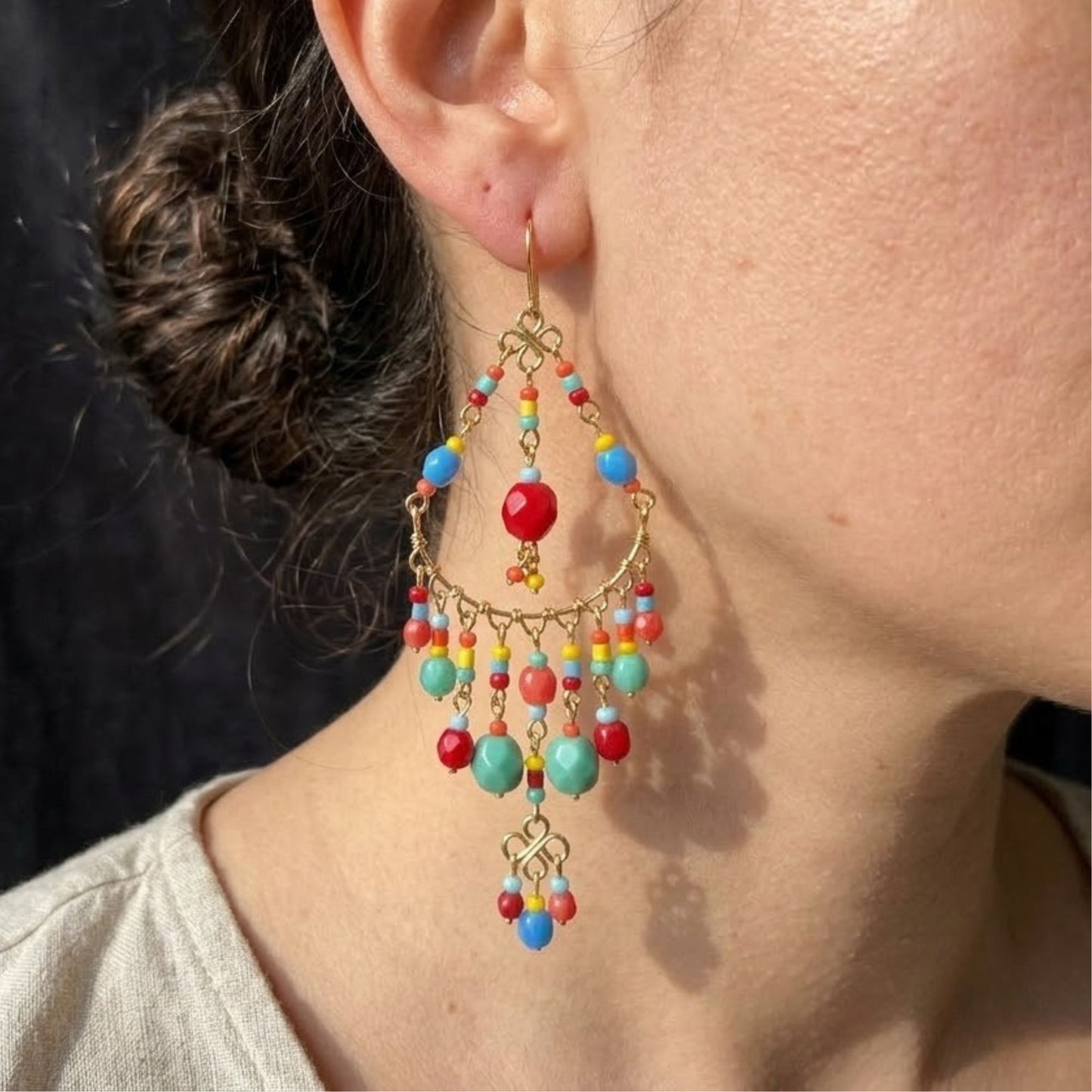 Gold Filigree Chandelier Earrings with Multicolor Fire Polished Beads Boho Dangle Statement Jewelry for Women
