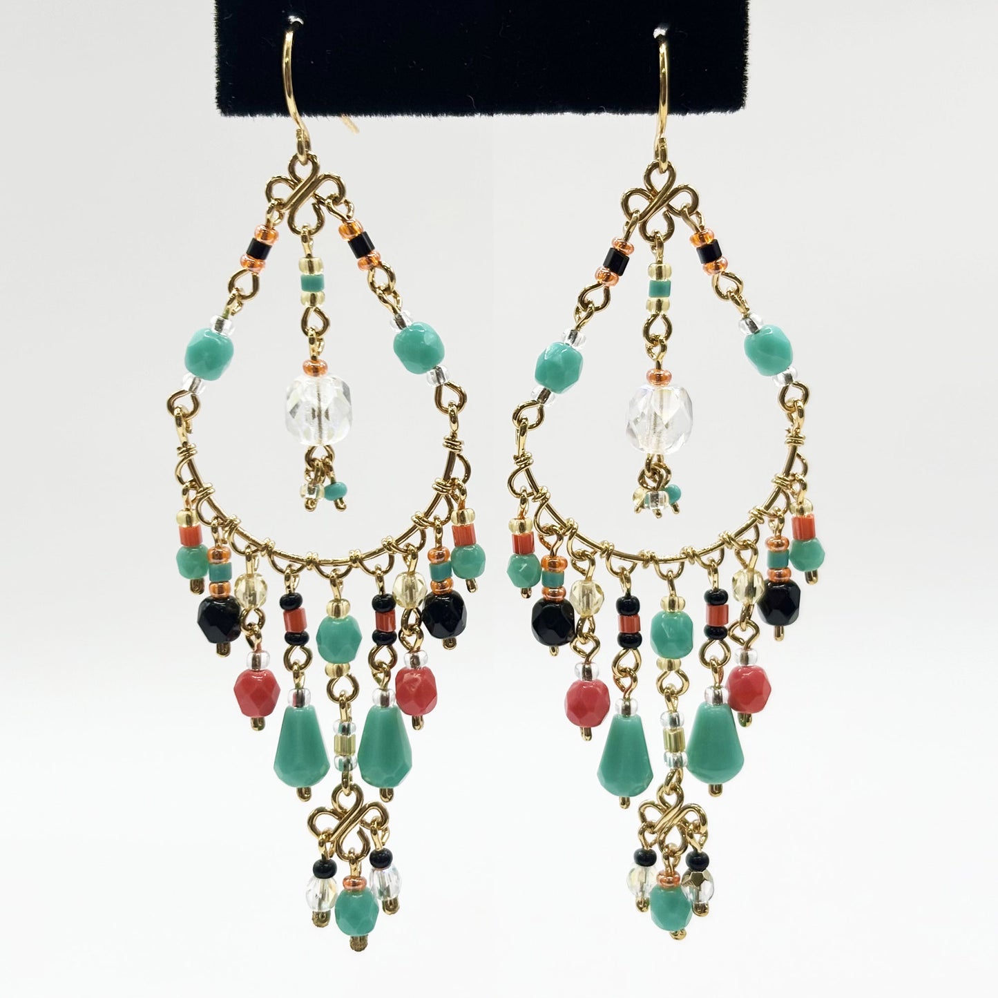 Gold Tone Filigree Chandelier Earrings with Multicolor Fire Polished Beads Statement Dangle Jewelry