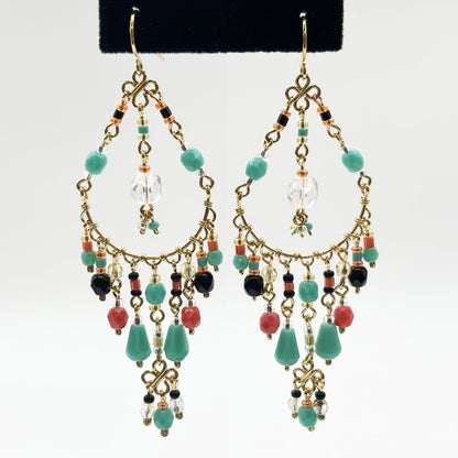 Gold Tone Filigree Chandelier Earrings with Multicolor Fire Polished Beads Statement Dangle Jewelry