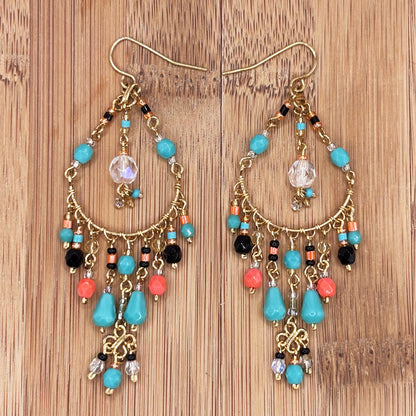 Gold Tone Filigree Chandelier Earrings with Multicolor Fire Polished Beads Statement Dangle Jewelry