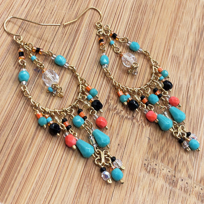 Gold Tone Filigree Chandelier Earrings with Multicolor Fire Polished Beads Statement Dangle Jewelry