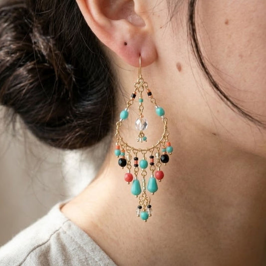 Gold Tone Filigree Chandelier Earrings with Multicolor Fire Polished Beads Statement Dangle Jewelry