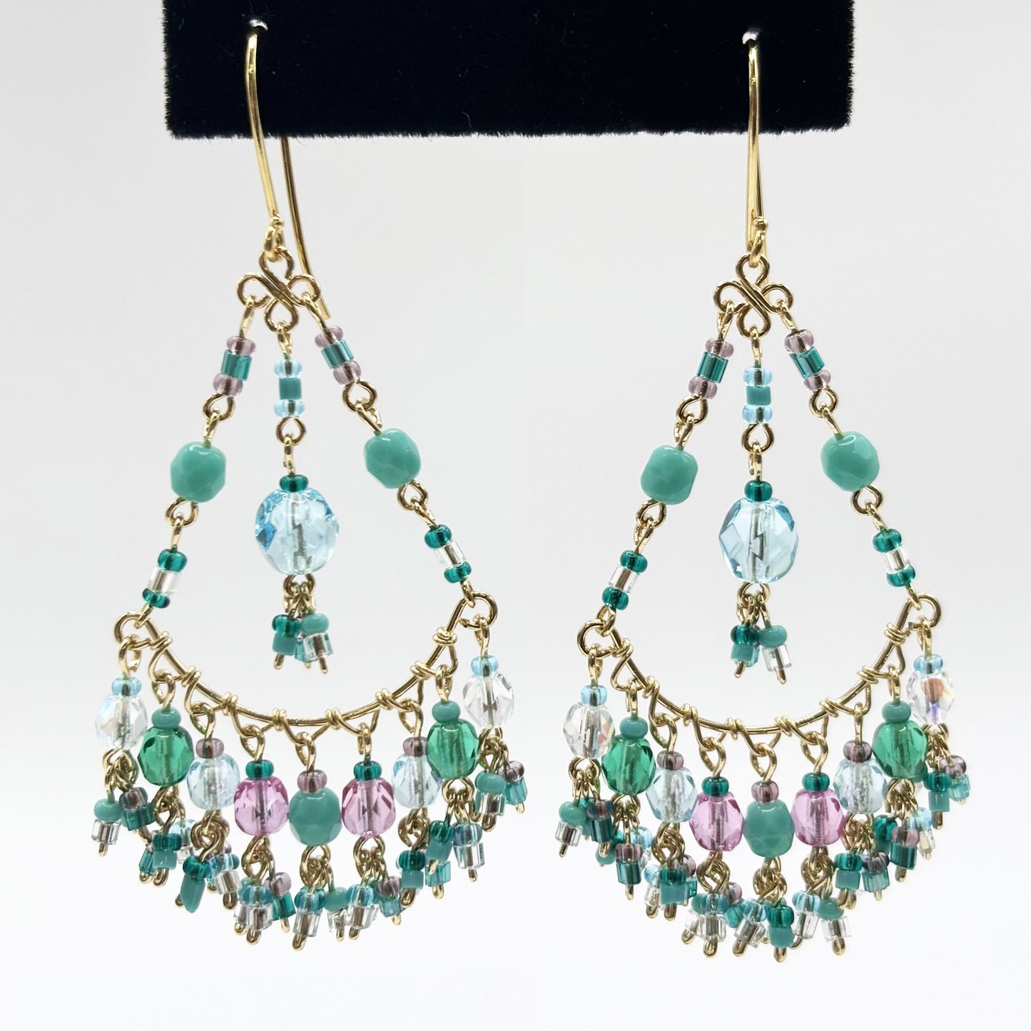 Gold Tone Filigree Chandelier Earrings with Pastel Fire Polished Beads Dangle Statement Jewelry