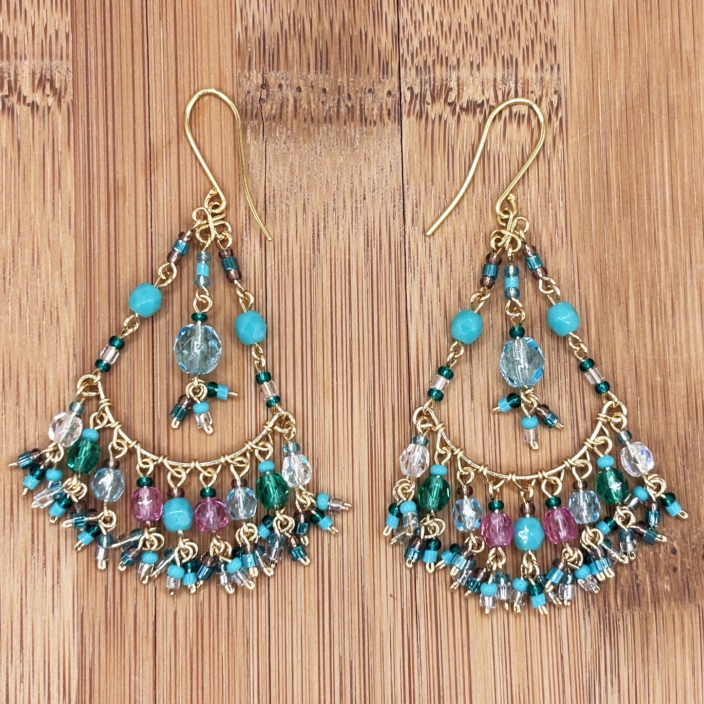 Gold Tone Filigree Chandelier Earrings with Pastel Fire Polished Beads Dangle Statement Jewelry