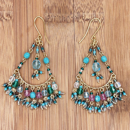 Gold Tone Filigree Chandelier Earrings with Pastel Fire Polished Beads Dangle Statement Jewelry