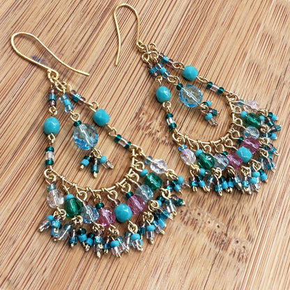 Gold Tone Filigree Chandelier Earrings with Pastel Fire Polished Beads Dangle Statement Jewelry