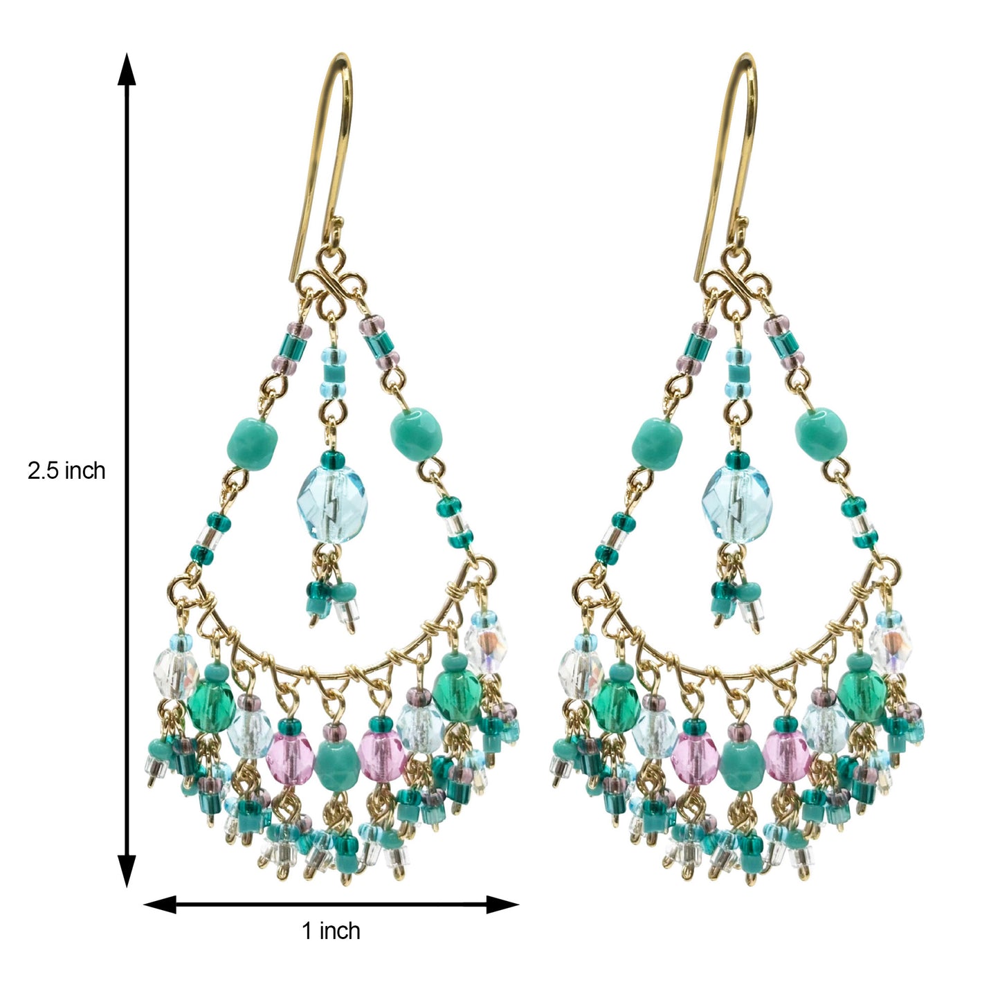 Gold Tone Filigree Chandelier Earrings with Pastel Fire Polished Beads Dangle Statement Jewelry