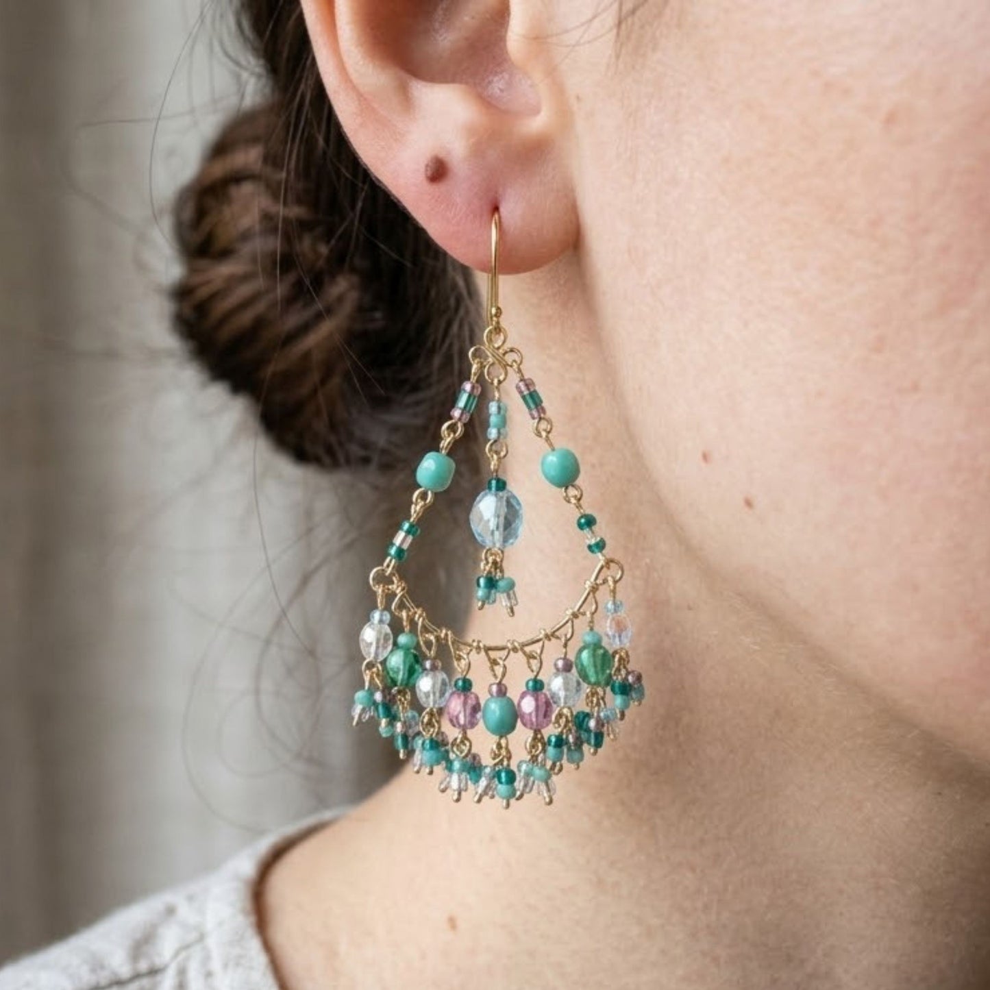 Gold Tone Filigree Chandelier Earrings with Pastel Fire Polished Beads Dangle Statement Jewelry