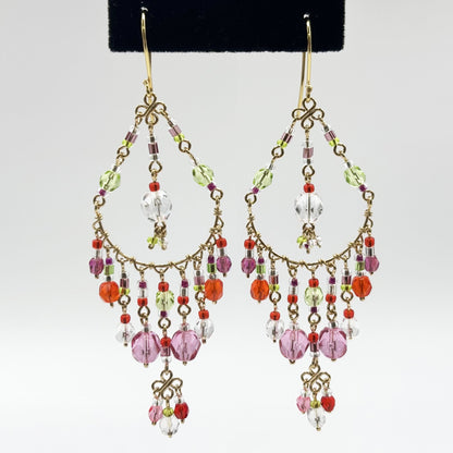 Gold Tone Filigree Chandelier Earrings with Pink & Red Fire Polished Beads Boho Dangle Statement Jewelry