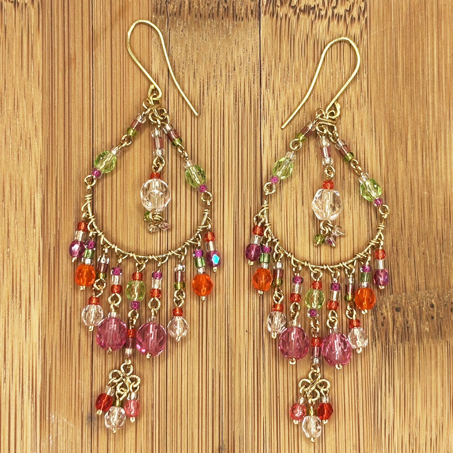 Gold Tone Filigree Chandelier Earrings with Pink & Red Fire Polished Beads Boho Dangle Statement Jewelry