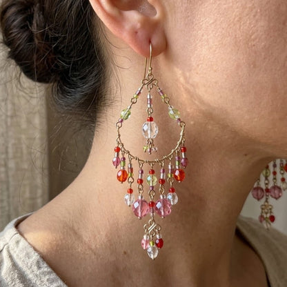 Gold Tone Filigree Chandelier Earrings with Pink & Red Fire Polished Beads Boho Dangle Statement Jewelry