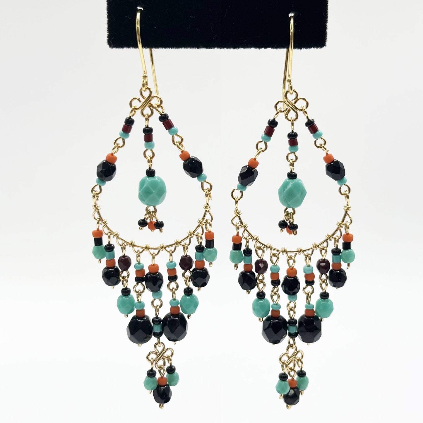Gold Tone Filigree Chandelier Earrings with Black & Teal Fire Polished Beads Boho Dangle Statement Jewelry