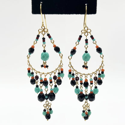 Gold Tone Filigree Chandelier Earrings with Black & Teal Fire Polished Beads Boho Dangle Statement Jewelry