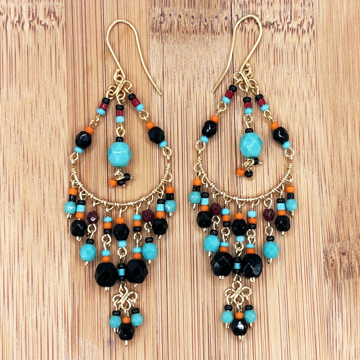 Gold Tone Filigree Chandelier Earrings with Black & Teal Fire Polished Beads Boho Dangle Statement Jewelry