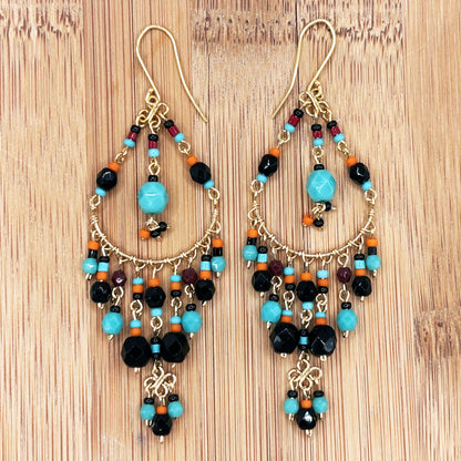 Gold Tone Filigree Chandelier Earrings with Black & Teal Fire Polished Beads Boho Dangle Statement Jewelry