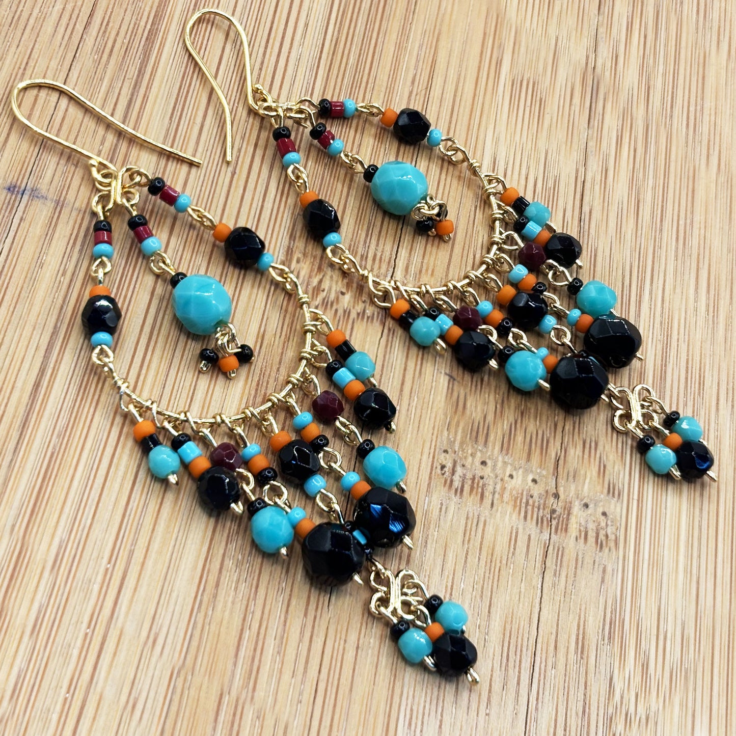 Gold Tone Filigree Chandelier Earrings with Black & Teal Fire Polished Beads Boho Dangle Statement Jewelry