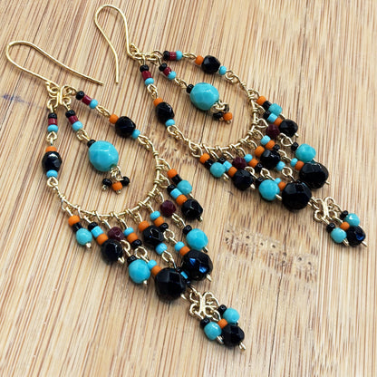 Gold Tone Filigree Chandelier Earrings with Black & Teal Fire Polished Beads Boho Dangle Statement Jewelry