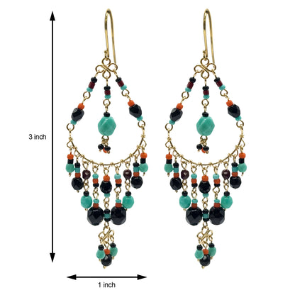 Gold Tone Filigree Chandelier Earrings with Black & Teal Fire Polished Beads Boho Dangle Statement Jewelry