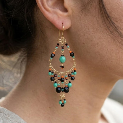 Gold Tone Filigree Chandelier Earrings with Black & Teal Fire Polished Beads Boho Dangle Statement Jewelry