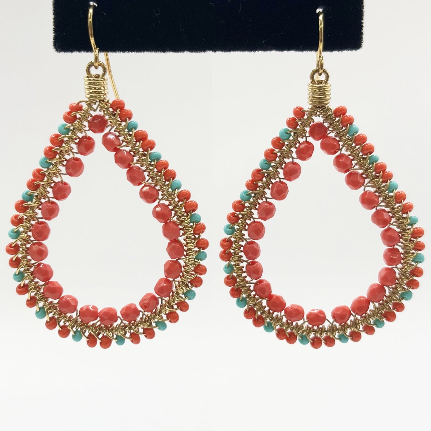 Gold Tone Teardrop Earrings with Coral & Teal Czech Beads Boho Dangle Statement Jewelry for Women