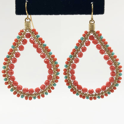 Gold Tone Teardrop Earrings with Coral & Teal Czech Beads Boho Dangle Statement Jewelry for Women