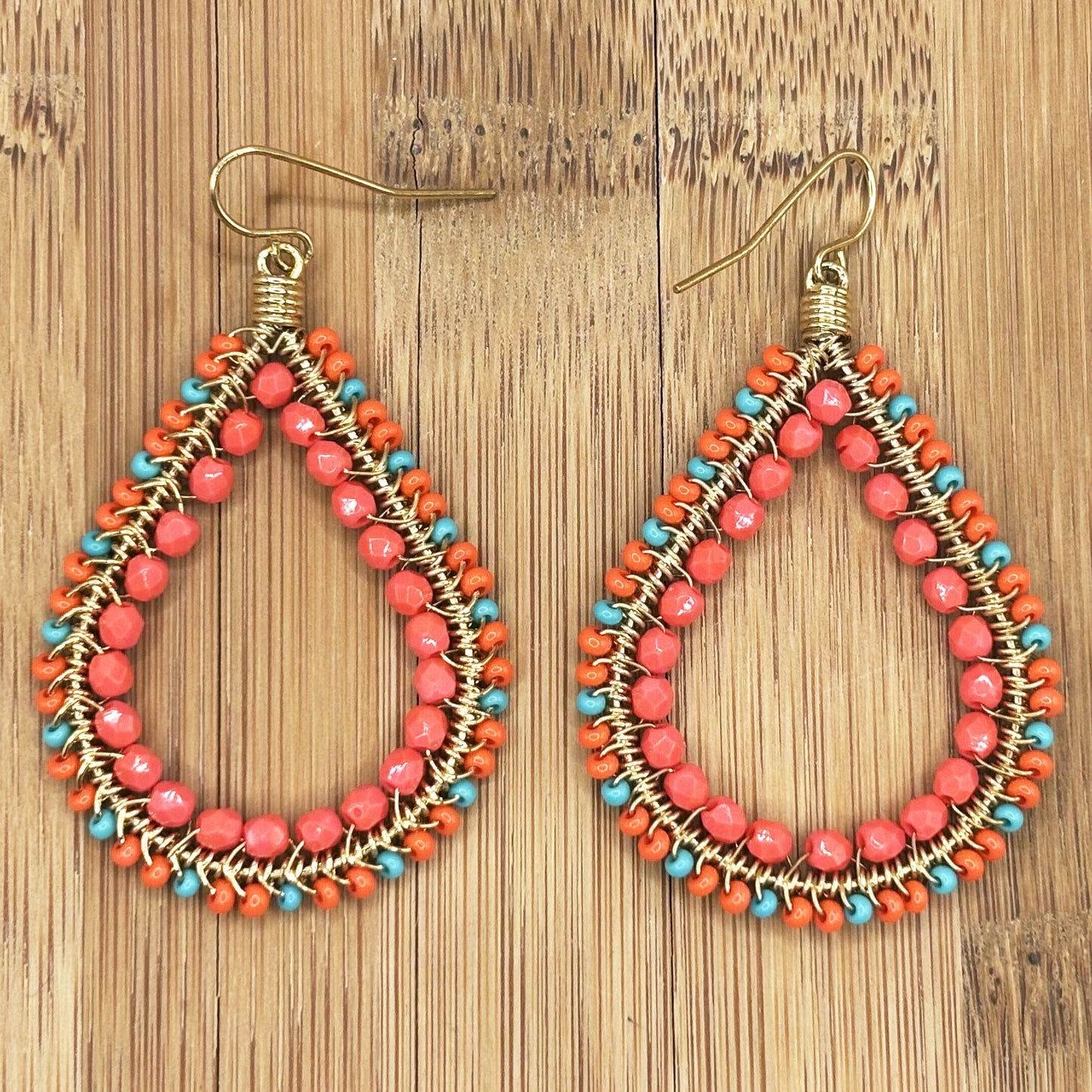 Gold Tone Teardrop Earrings with Coral & Teal Czech Beads Boho Dangle Statement Jewelry for Women