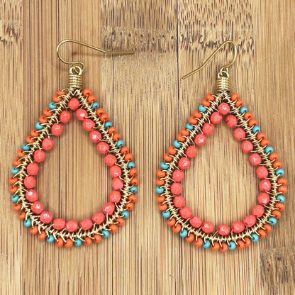 Gold Tone Teardrop Earrings with Coral & Teal Czech Beads Boho Dangle Statement Jewelry for Women