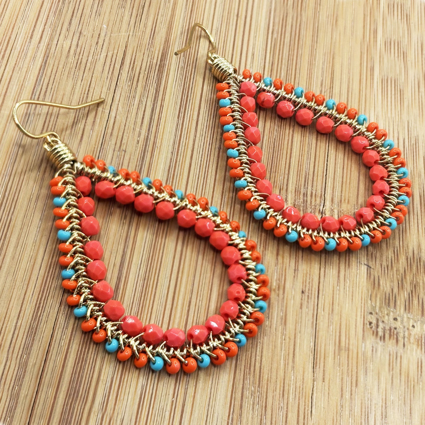 Gold Tone Teardrop Earrings with Coral & Teal Czech Beads Boho Dangle Statement Jewelry for Women