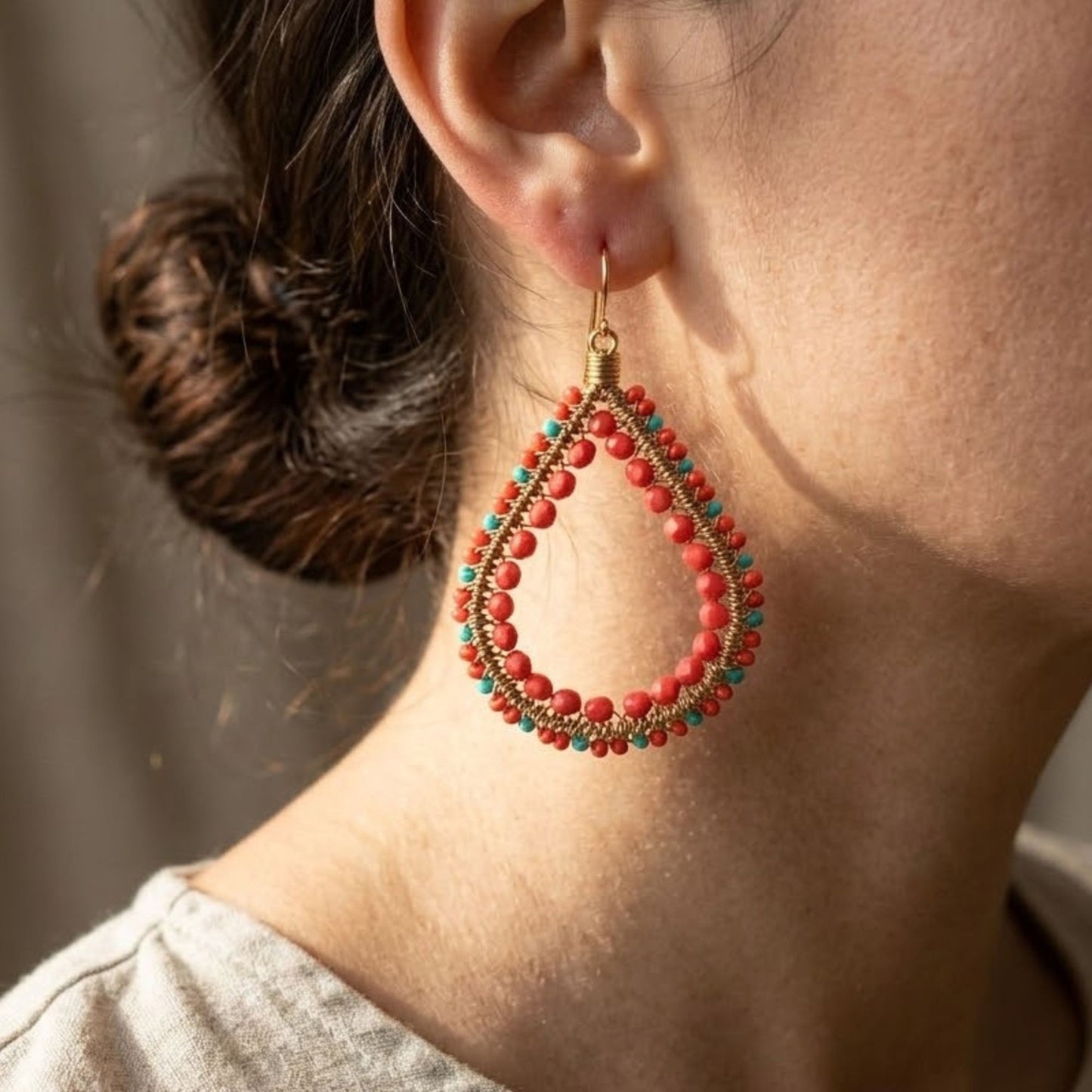 Gold Tone Teardrop Earrings with Coral & Teal Czech Beads Boho Dangle Statement Jewelry for Women