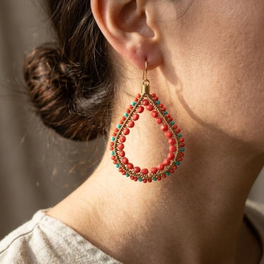 Gold Tone Teardrop Earrings with Coral & Teal Czech Beads Boho Dangle Statement Jewelry for Women