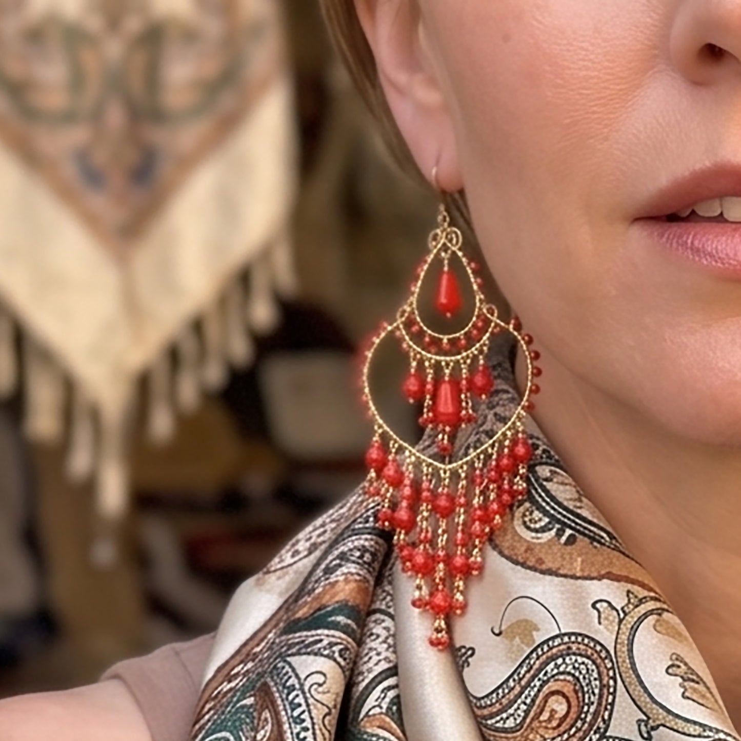 Chandelier Earrings Fire Polished Beads Red Boho Teardrop Dangle Earrings Gold Tone Stainless Steel 3.25"
