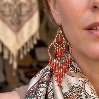 Chandelier Earrings Fire Polished Beads Red Boho Teardrop Dangle Earrings Gold Tone Stainless Steel 3.25"