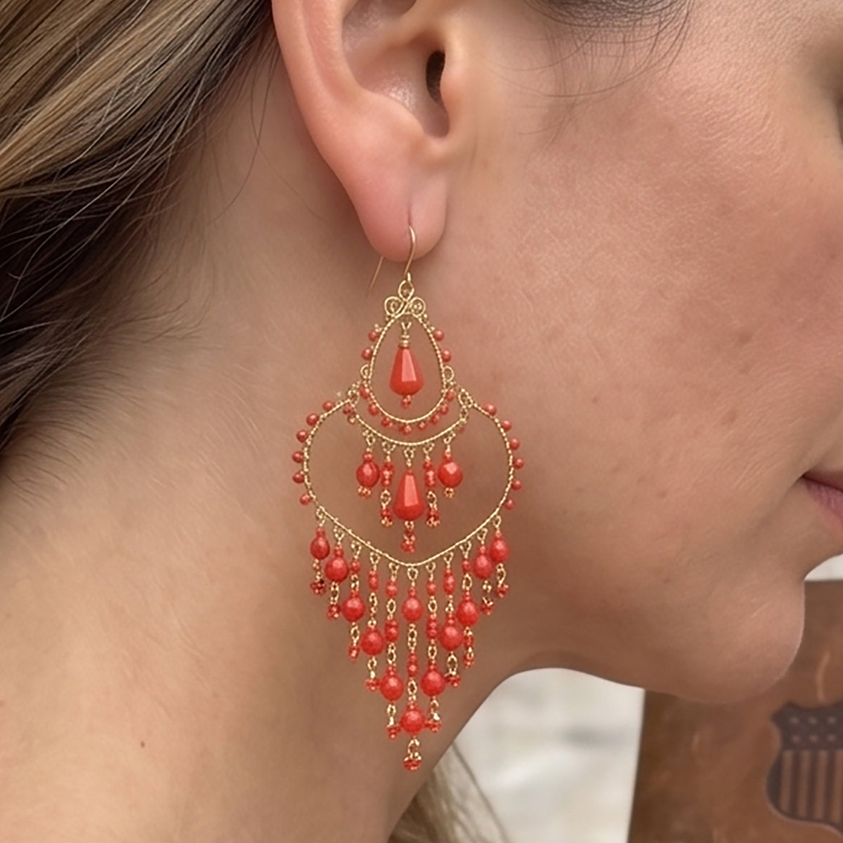 Chandelier Earrings Fire Polished Beads Red Boho Teardrop Dangle Earrings Gold Tone Stainless Steel 3.25"