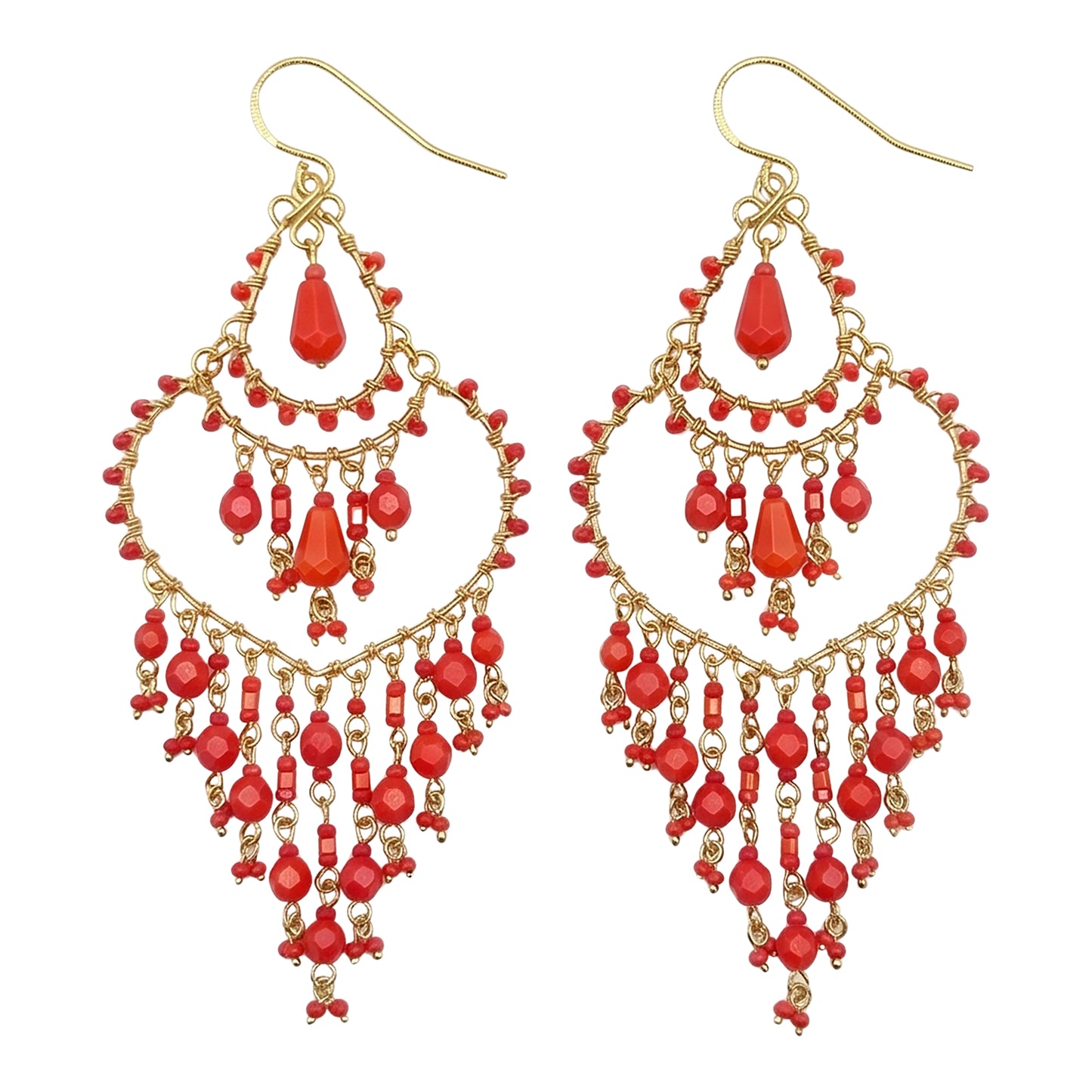 Chandelier Earrings Fire Polished Beads Red Boho Teardrop Dangle Earrings Gold Tone Stainless Steel 3.25"
