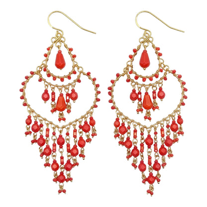 Chandelier Earrings Fire Polished Beads Red Boho Teardrop Dangle Earrings Gold Tone Stainless Steel 3.25"