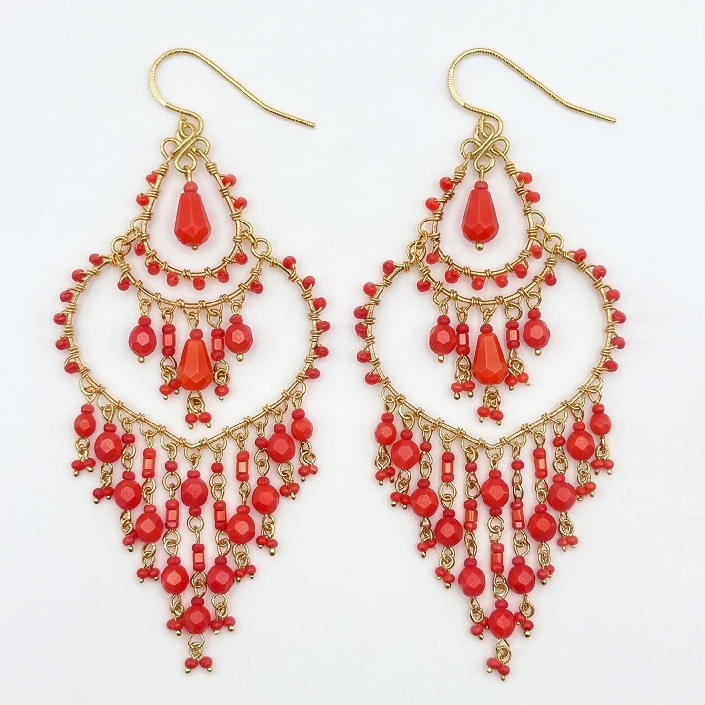 Chandelier Earrings Fire Polished Beads Red Boho Teardrop Dangle Earrings Gold Tone Stainless Steel 3.25"