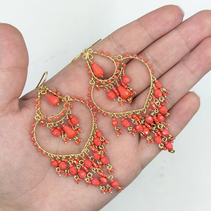 Chandelier Earrings Fire Polished Beads Red Boho Teardrop Dangle Earrings Gold Tone Stainless Steel 3.25"