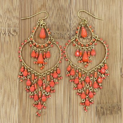Chandelier Earrings Fire Polished Beads Red Boho Teardrop Dangle Earrings Gold Tone Stainless Steel 3.25"