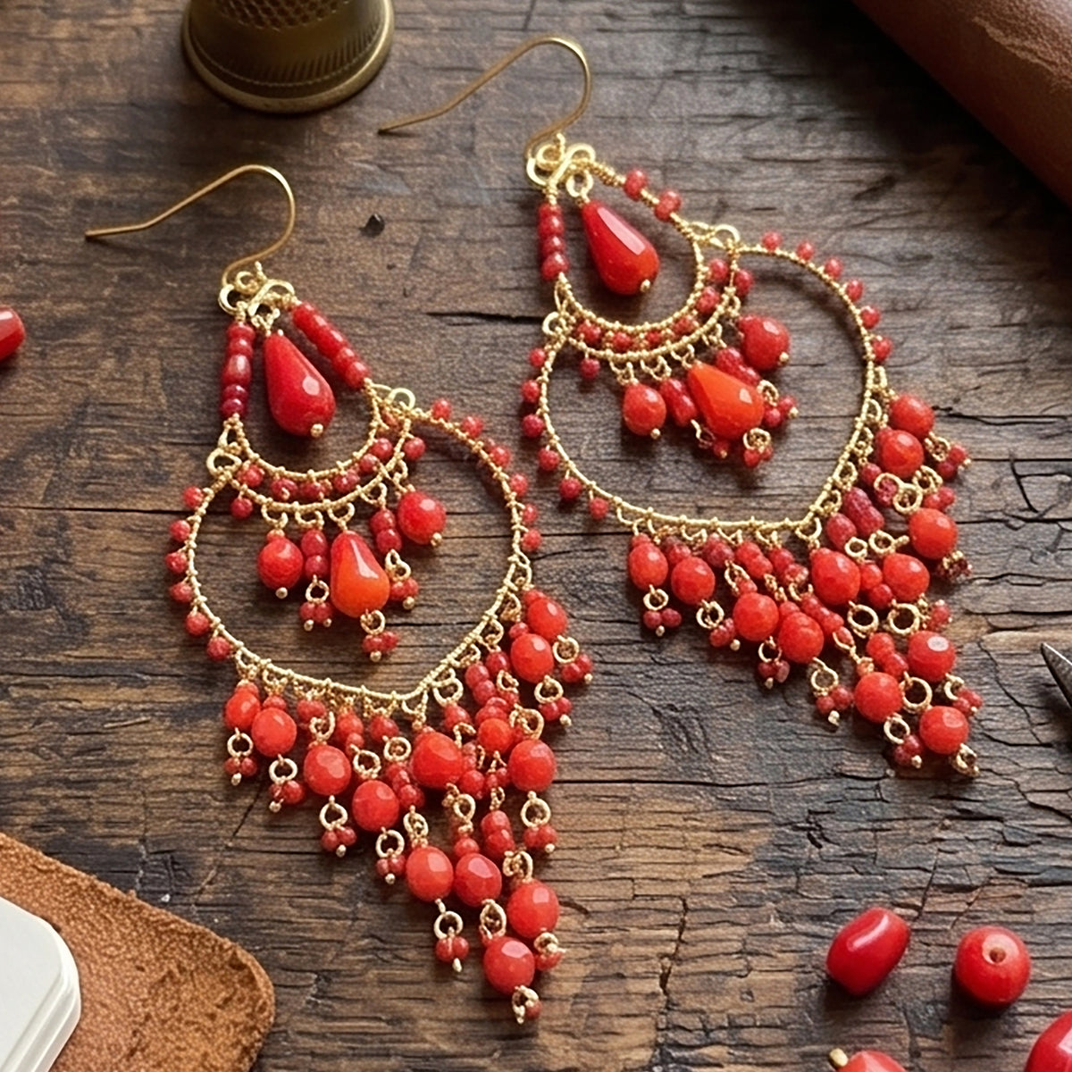 Chandelier Earrings Fire Polished Beads Red Boho Teardrop Dangle Earrings Gold Tone Stainless Steel 3.25"