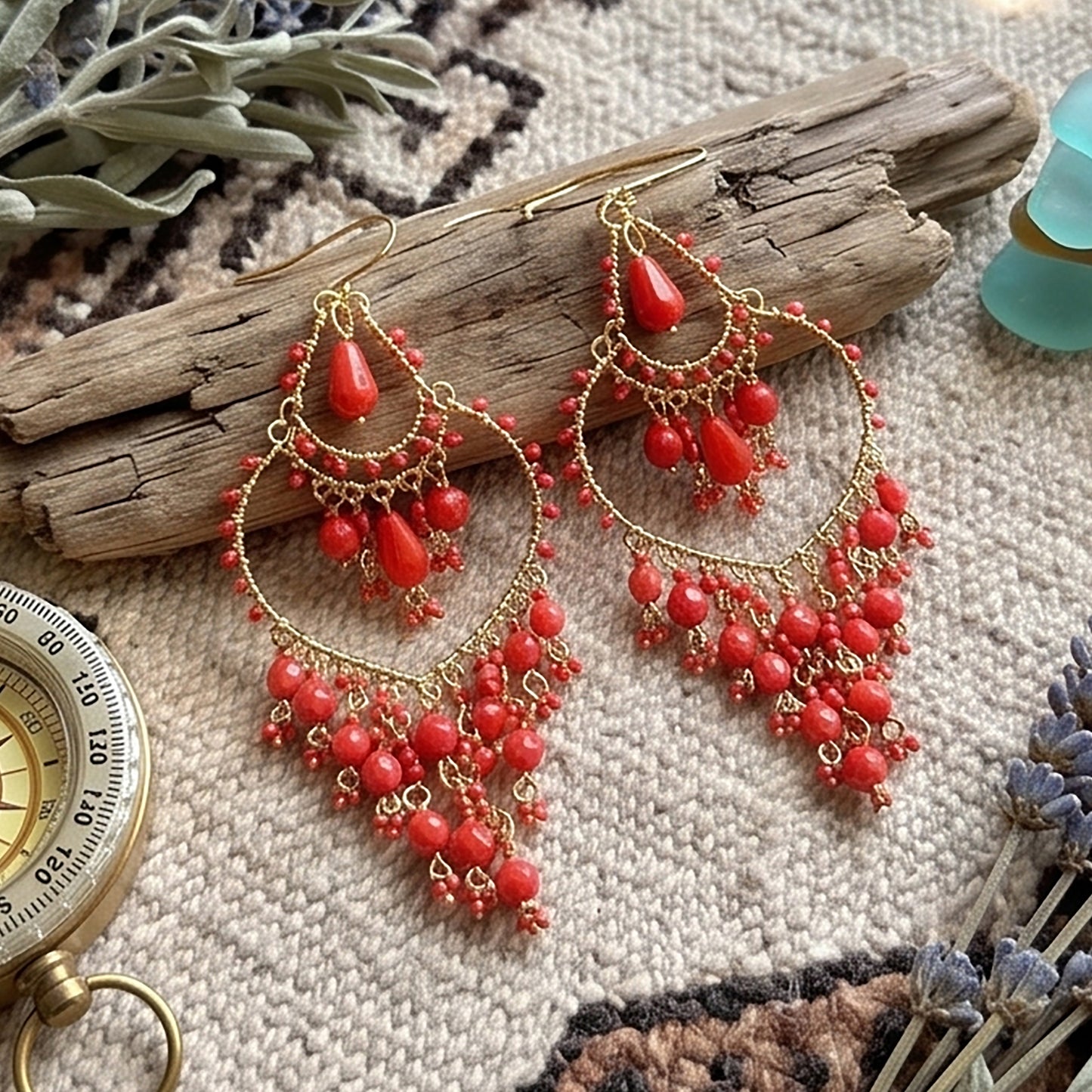Chandelier Earrings Fire Polished Beads Red Boho Teardrop Dangle Earrings Gold Tone Stainless Steel 3.25"
