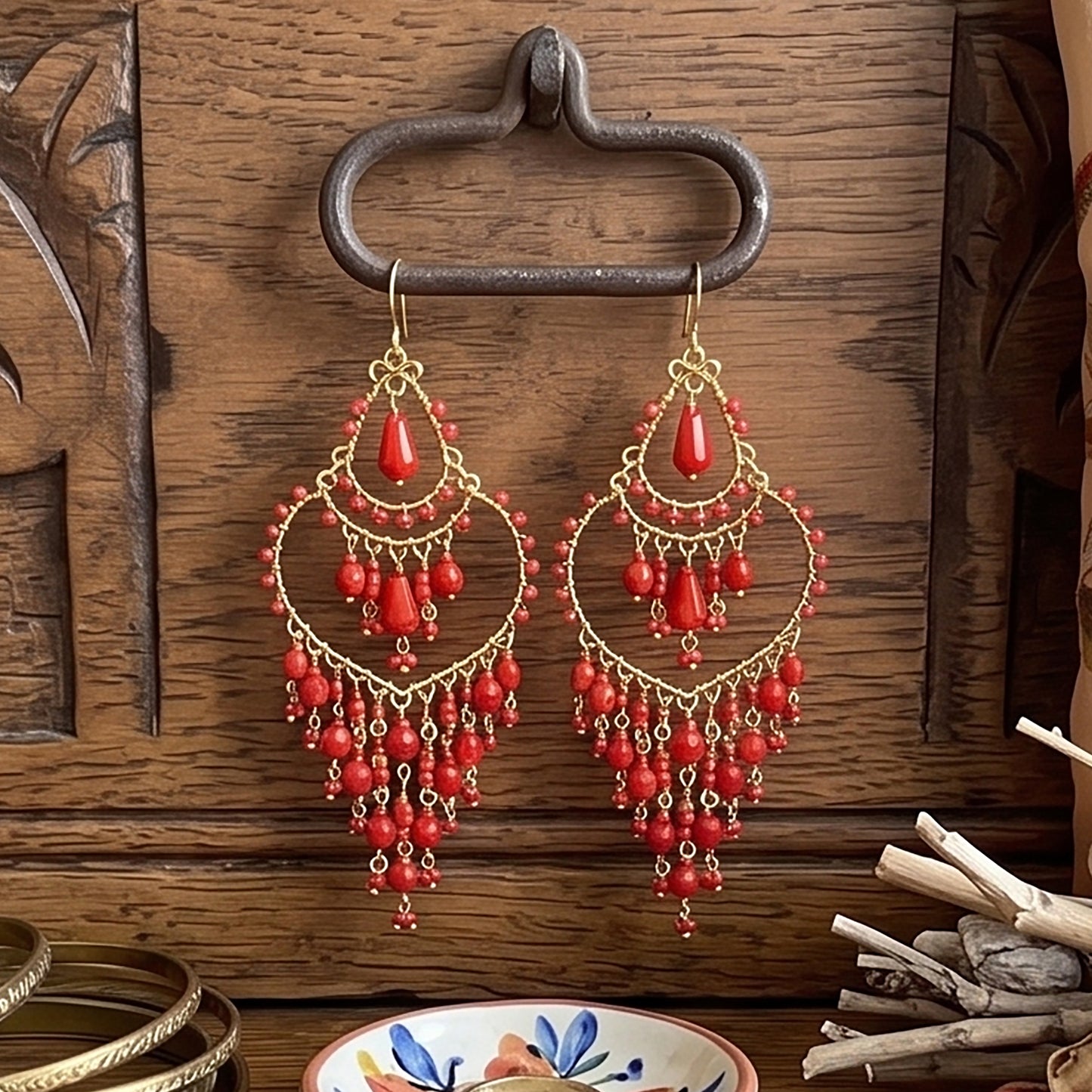 Chandelier Earrings Fire Polished Beads Red Boho Teardrop Dangle Earrings Gold Tone Stainless Steel 3.25"