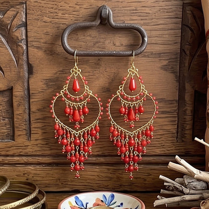 Chandelier Earrings Fire Polished Beads Red Boho Teardrop Dangle Earrings Gold Tone Stainless Steel 3.25"