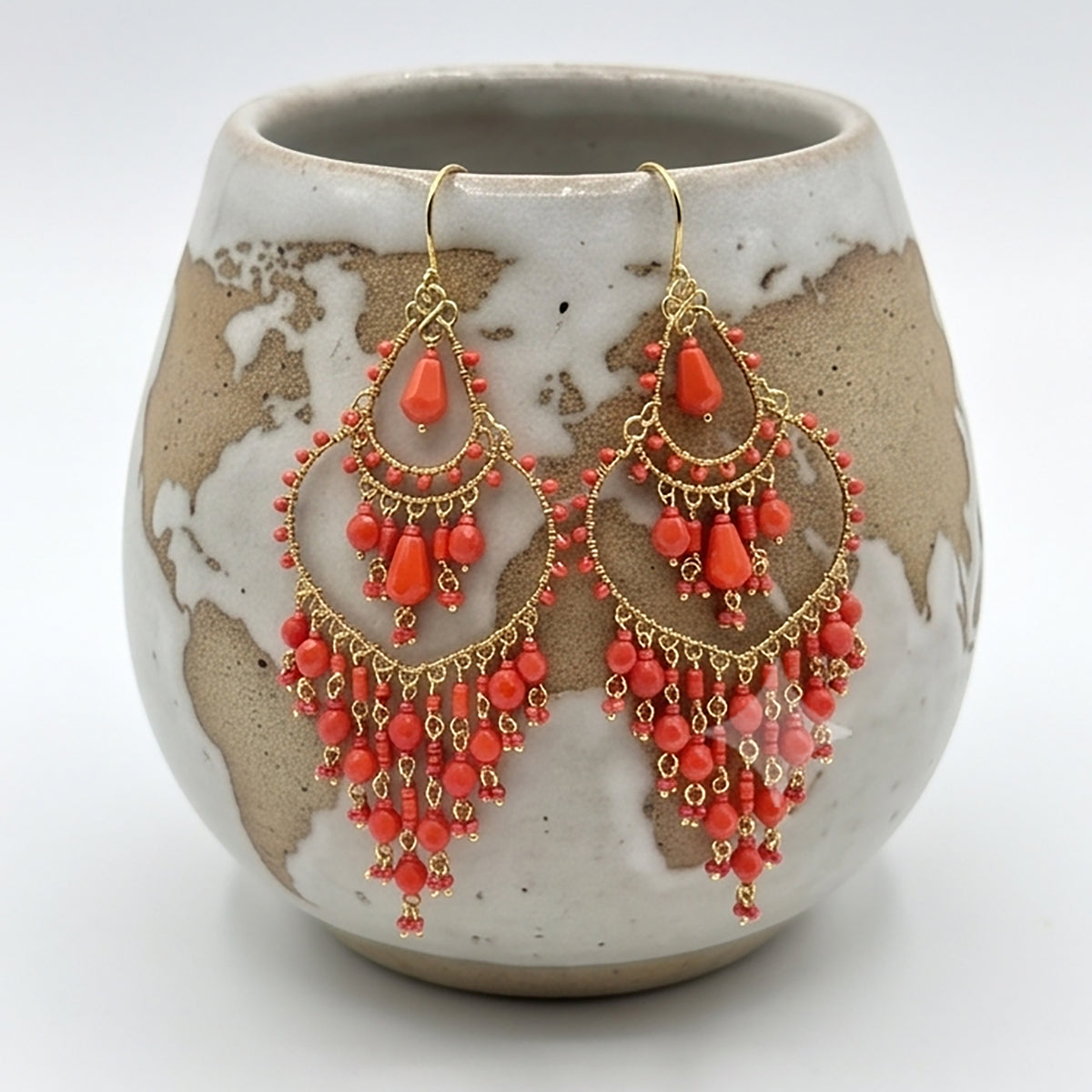 Chandelier Earrings Fire Polished Beads Red Boho Teardrop Dangle Earrings Gold Tone Stainless Steel 3.25"