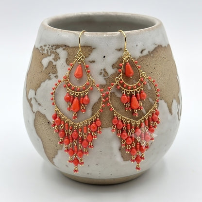 Chandelier Earrings Fire Polished Beads Red Boho Teardrop Dangle Earrings Gold Tone Stainless Steel 3.25"