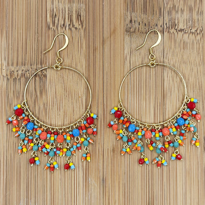 Chandelier Earrings Fire Polished Beads Multicolor Boho Hoop Dangle Earrings Gold Tone Stainless Steel 2.75"